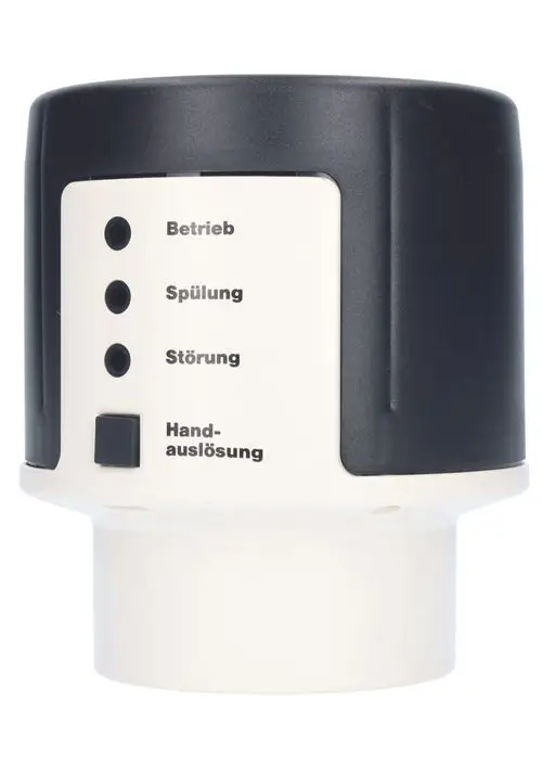 Schwarzes Motorgehäuse mit weißen Bedienelementen und LED-Anzeigen für Betrieb, Spülung und Störung. Zusätzlich ein Schalter für die Handauslösung. Produkt von Judo.